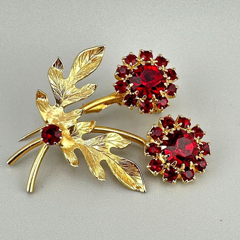 Vintage Red Rhinestone Flowers Brooch Floral Spray Long Stem Gold Tone Prong Set